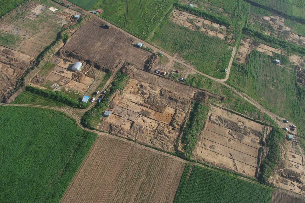 Aerial view of the site during archaeological excavations.